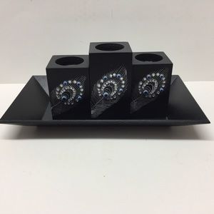 Wood Candle Set Peacock Feather Theme Tea Light Holders with Tray Black